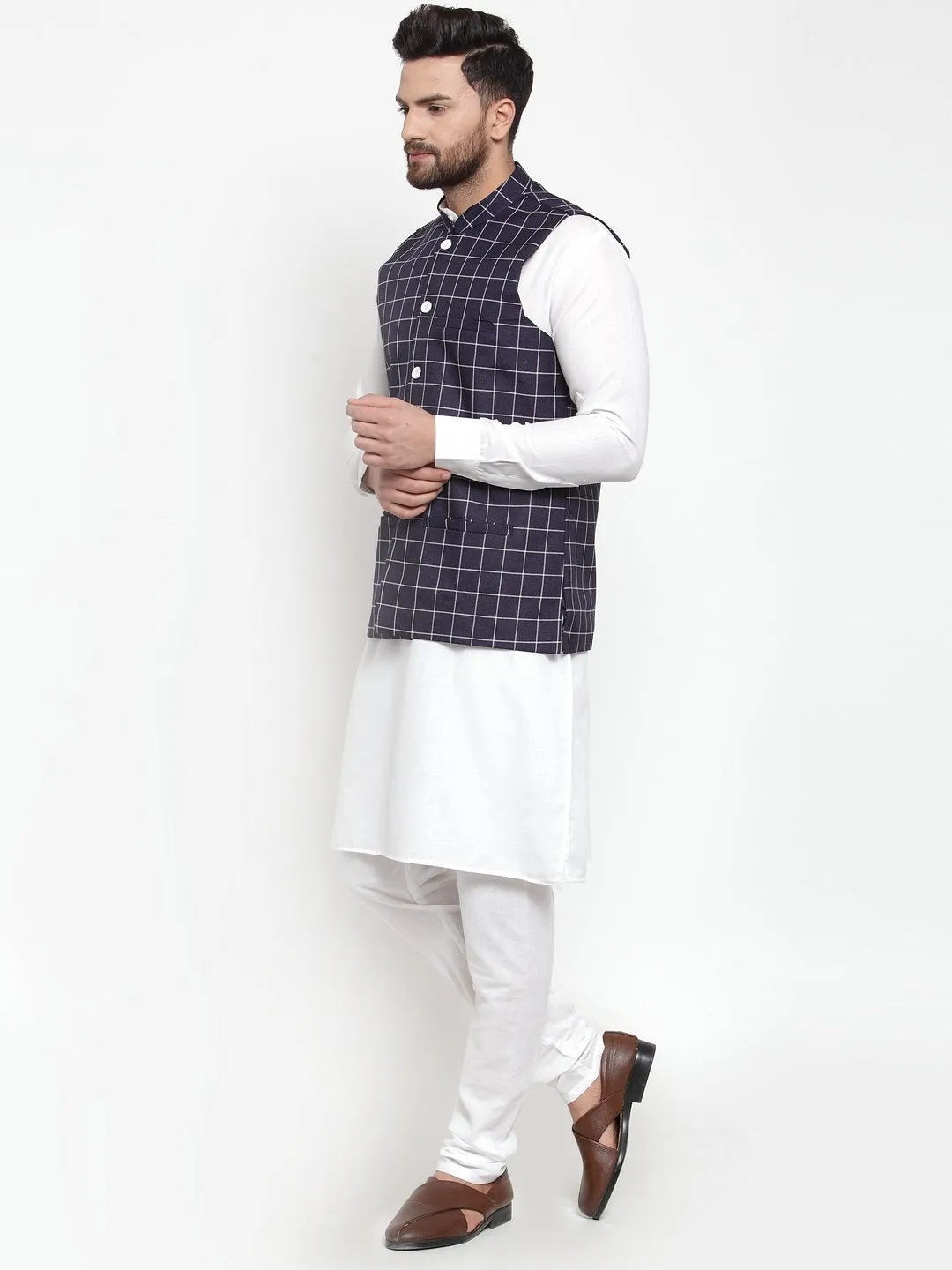 Men's Solid Kurta Checked Waist Coat  with Churidar - Virat Fashions