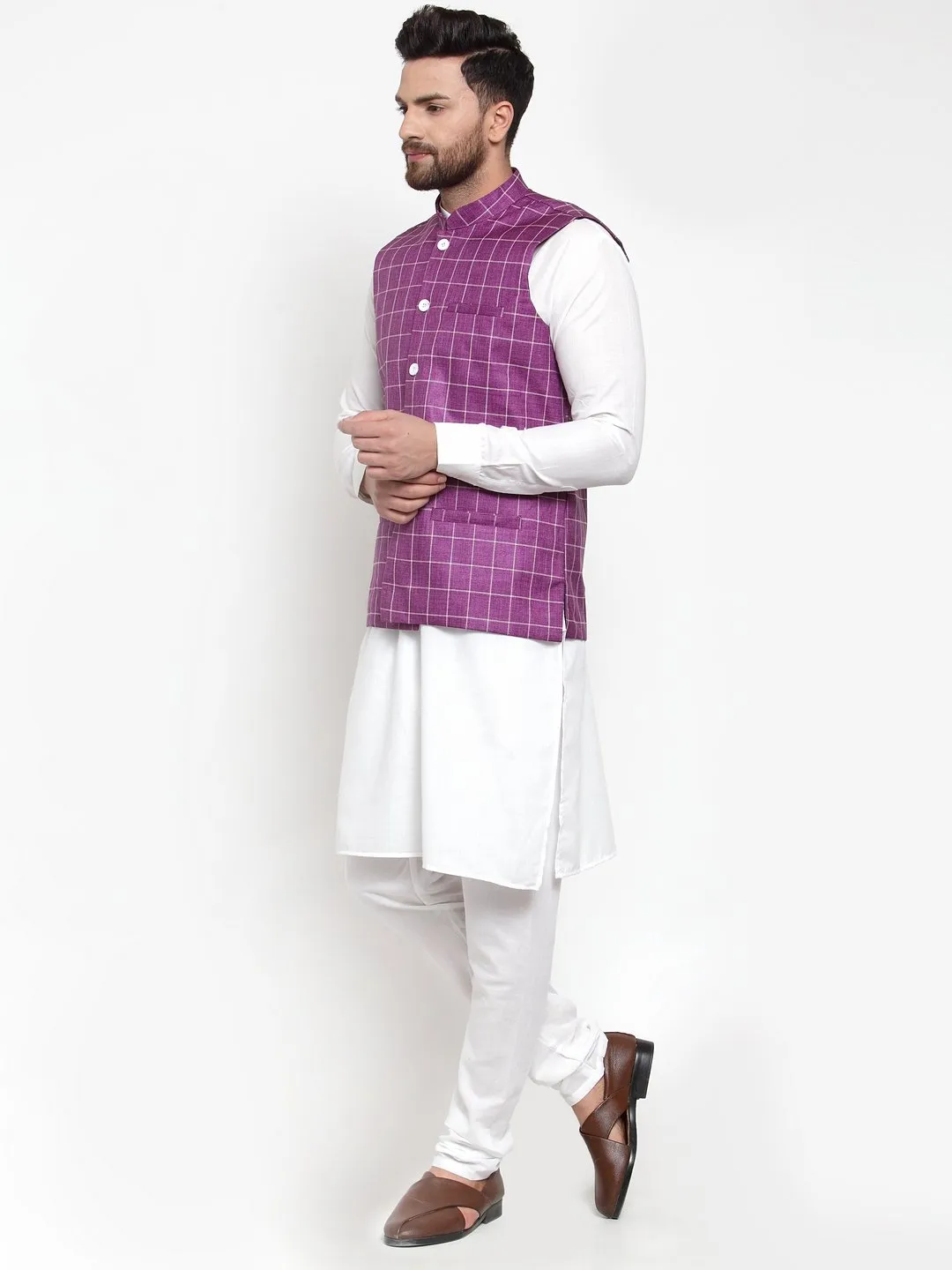 Men's Solid Kurta Checked Waist Coat  with Churidar - Virat Fashions