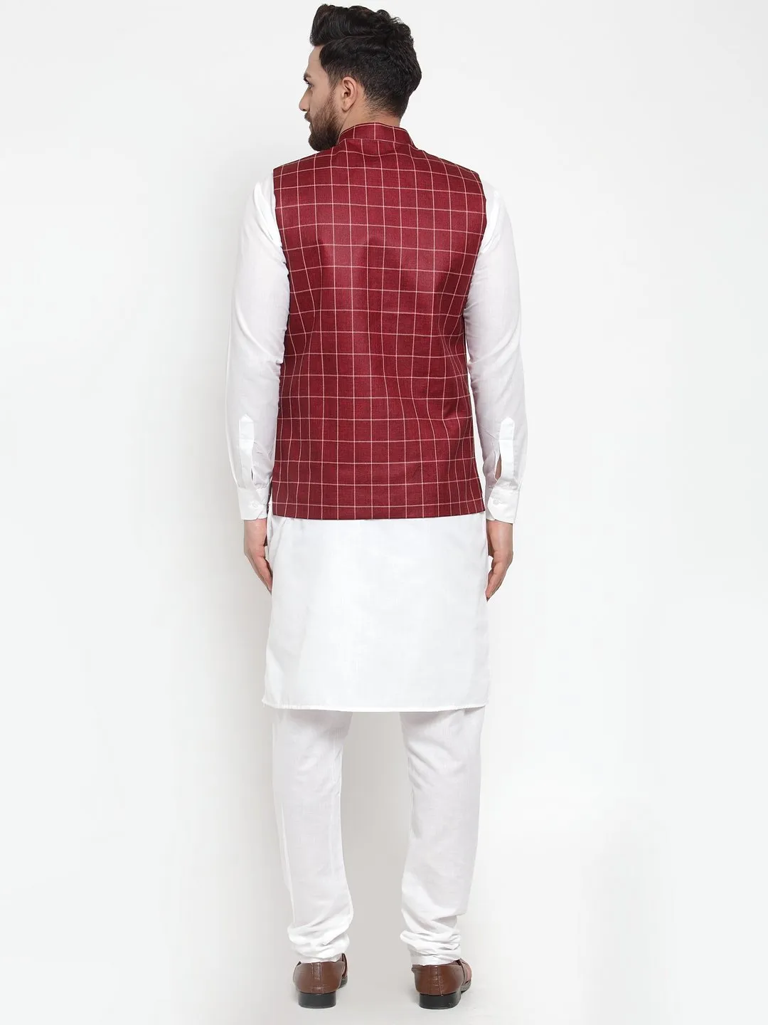 Men's Solid Kurta Checked Waist Coat  with Churidar - Virat Fashions