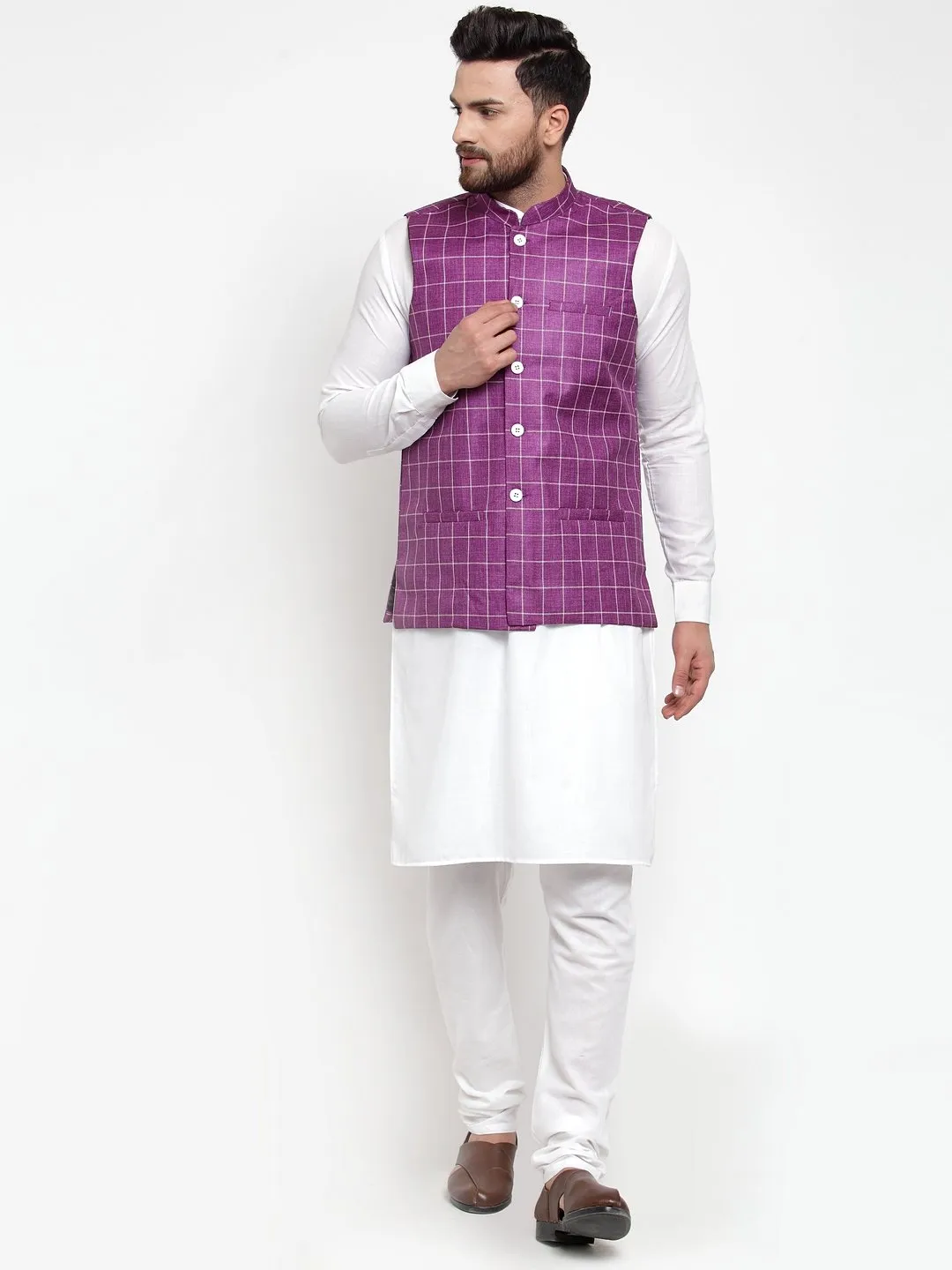 Men's Solid Kurta Checked Waist Coat  with Churidar - Virat Fashions