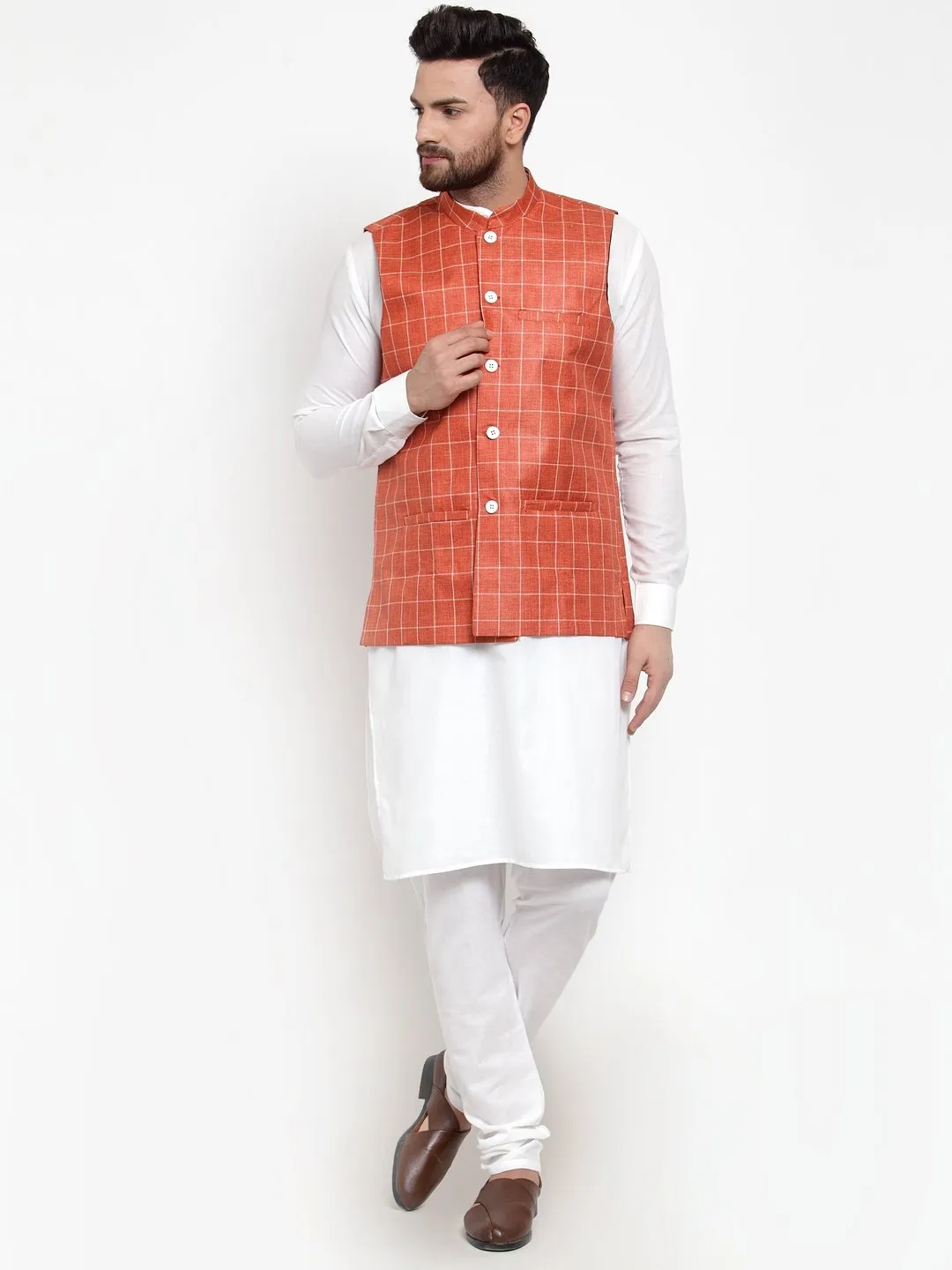 Men's Solid Kurta Checked Waist Coat  with Churidar - Virat Fashions