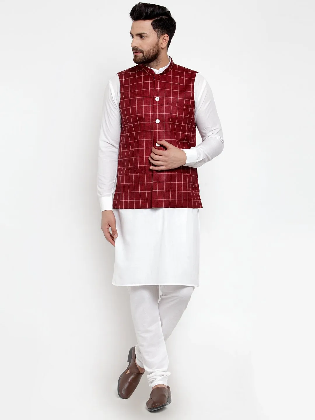 Men's Solid Kurta Checked Waist Coat  with Churidar - Virat Fashions