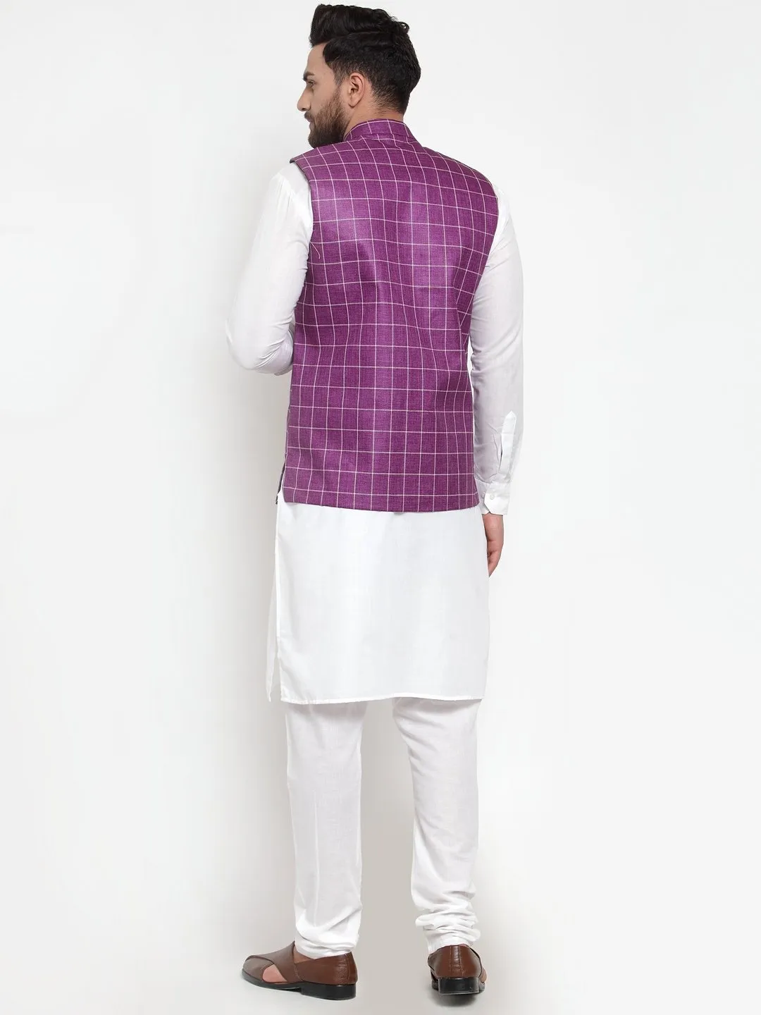 Men's Solid Kurta Checked Waist Coat  with Churidar - Virat Fashions