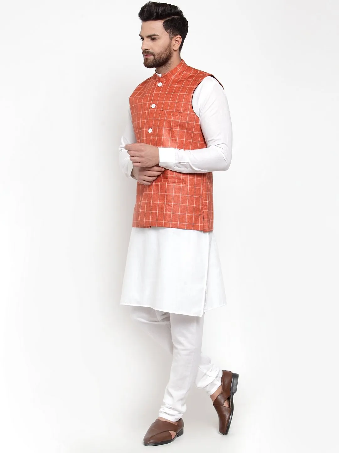 Men's Solid Kurta Checked Waist Coat  with Churidar - Virat Fashions