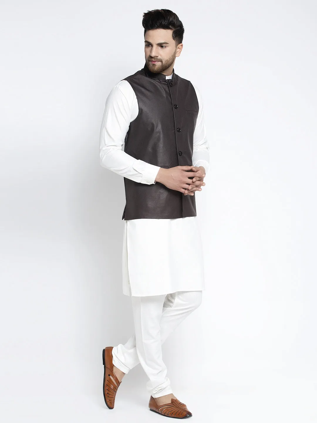 Men's Solid White Cotton Kurta Payjama with Solid Coffee Waistcoat ( JOKPWC OW-F 4021 Coffee ) - Virat Fashions