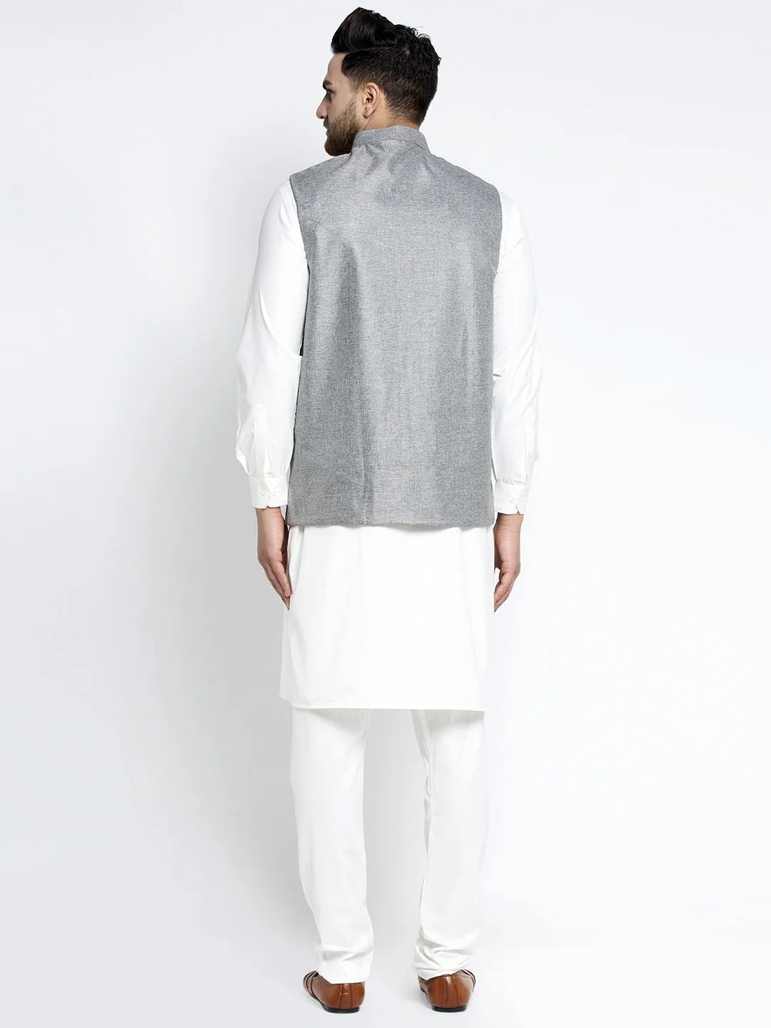 Men's Solid White Cotton Kurta Payjama with Solid Grey Waistcoat ( JOKPWC OW-F 4021 Grey ) - Virat Fashions