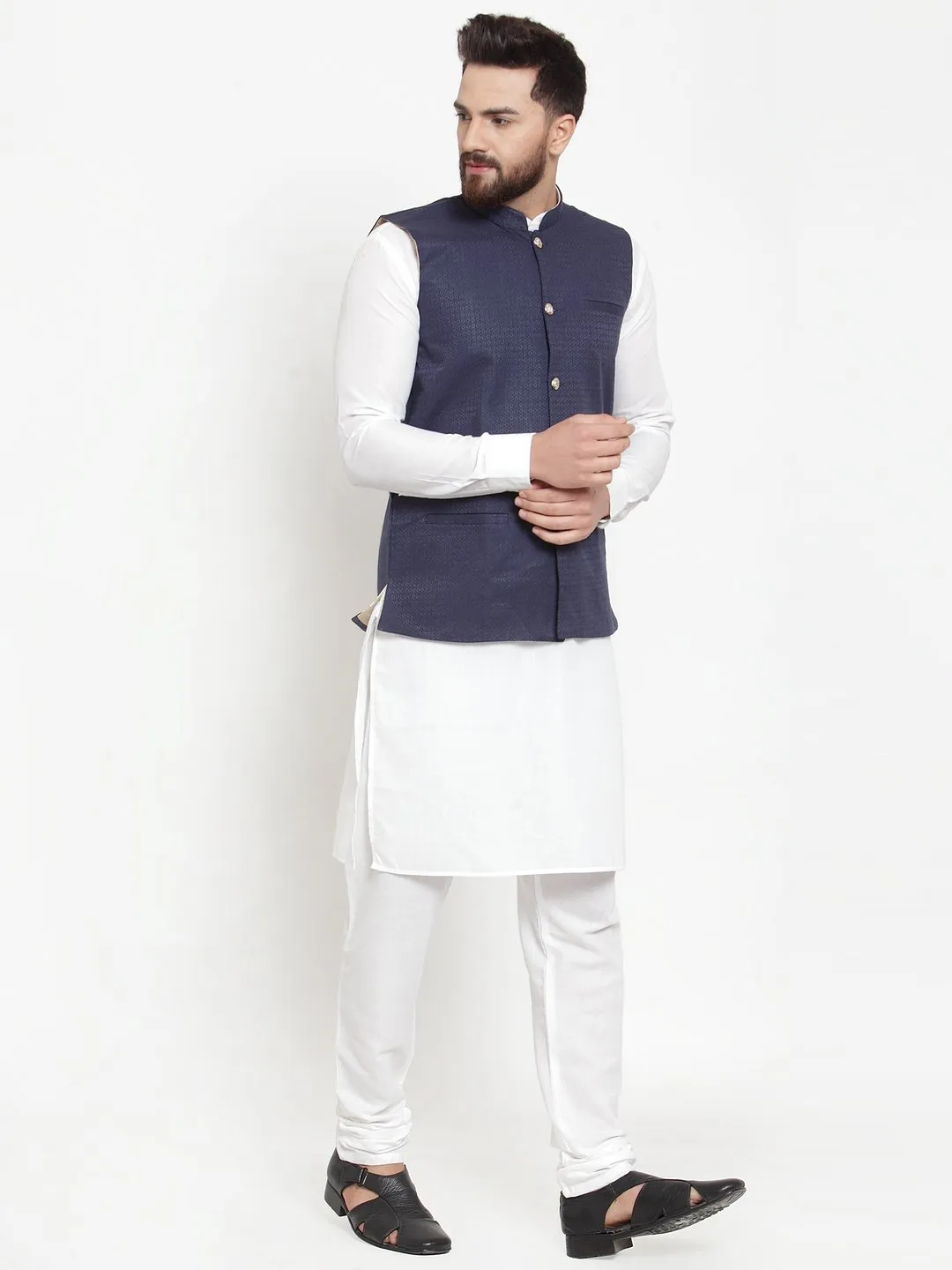 Men's White Solid Kurta & Steel Waist Coat  with Churidar - Virat Fashions