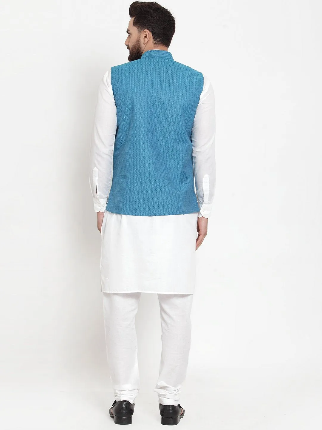 Men's White Solid Kurta & Steel Waist Coat  with Churidar - Virat Fashions