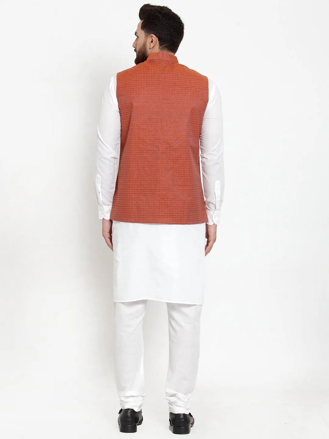 Men's White Solid Kurta & Steel Waist Coat  with Churidar - Virat Fashions