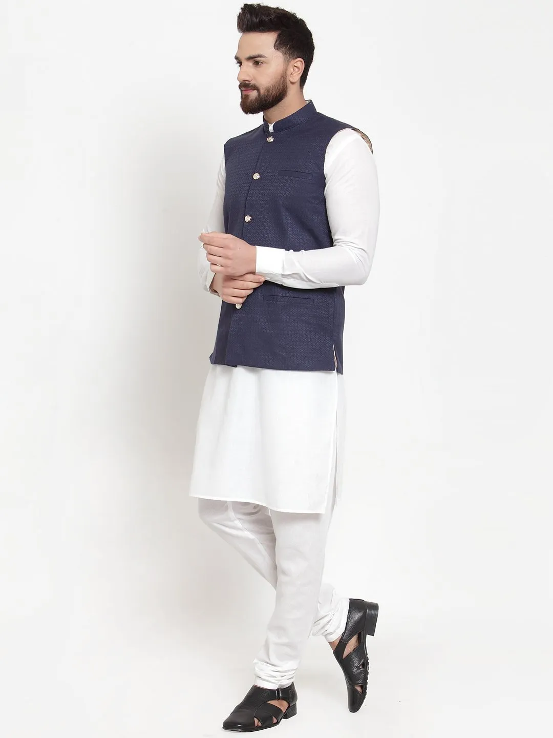 Men's White Solid Kurta & Steel Waist Coat  with Churidar - Virat Fashions