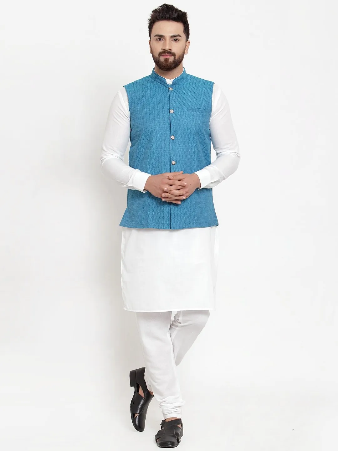 Men's White Solid Kurta & Steel Waist Coat  with Churidar - Virat Fashions