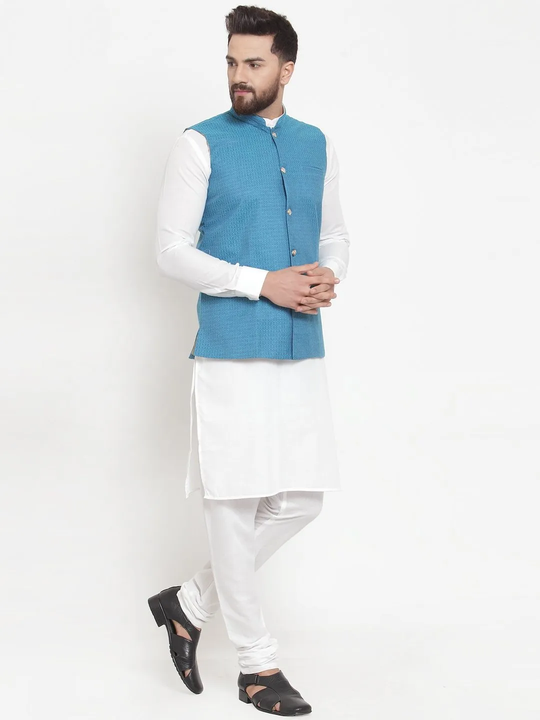 Men's White Solid Kurta & Steel Waist Coat  with Churidar - Virat Fashions