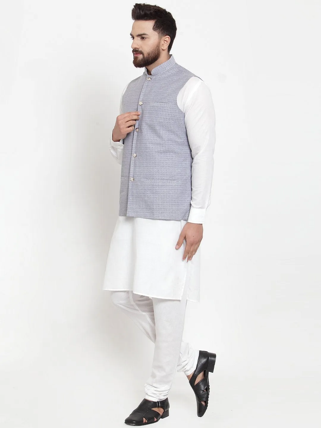 Men's White Solid Kurta & Steel Waist Coat  with Churidar - Virat Fashions