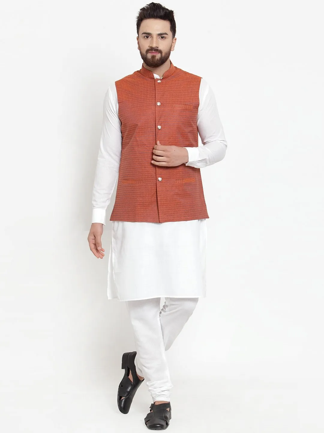 Men's White Solid Kurta & Steel Waist Coat  with Churidar - Virat Fashions