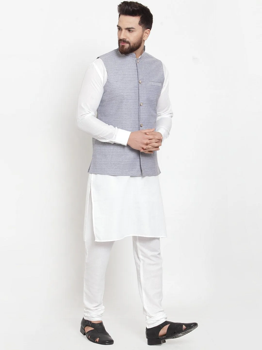 Men's White Solid Kurta & Steel Waist Coat  with Churidar - Virat Fashions