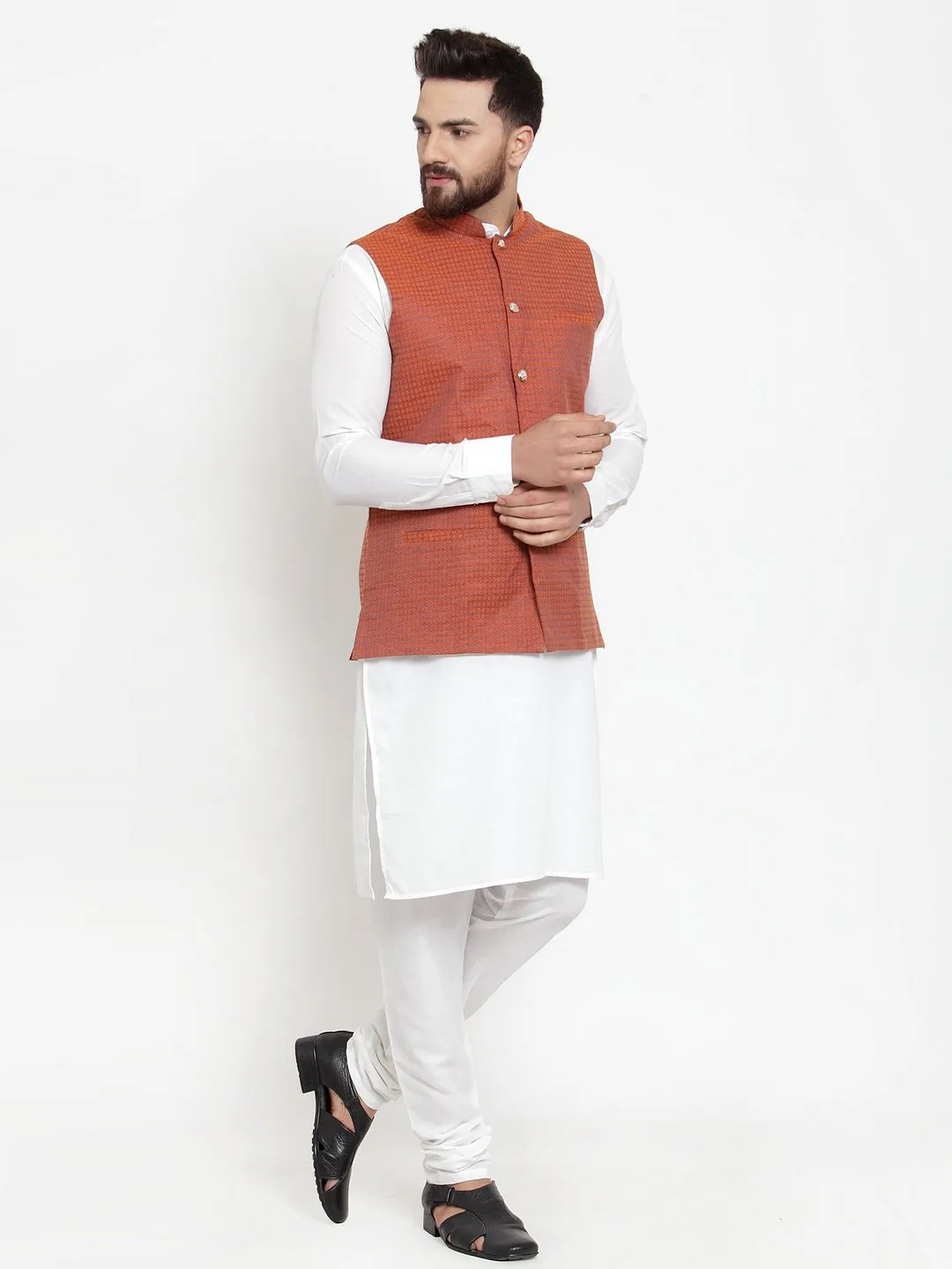 Men's White Solid Kurta & Steel Waist Coat  with Churidar - Virat Fashions