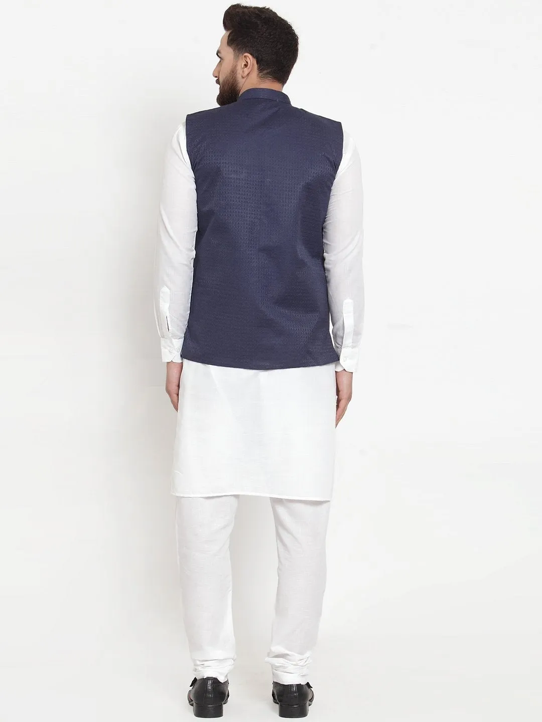 Men's White Solid Kurta & Steel Waist Coat  with Churidar - Virat Fashions