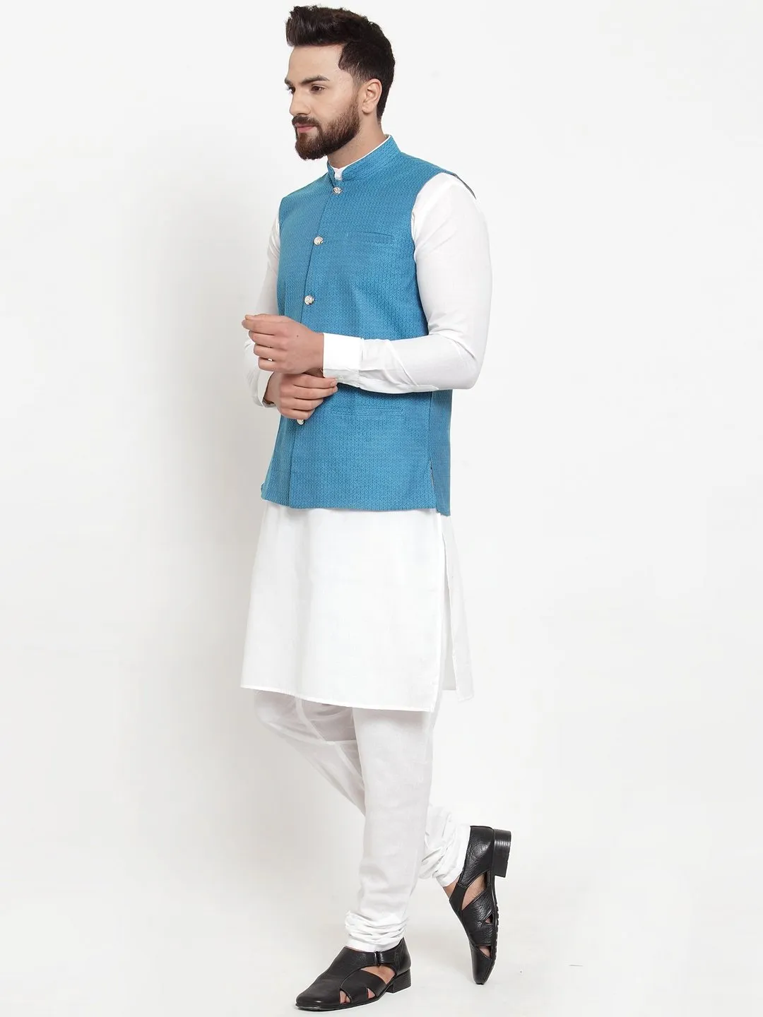 Men's White Solid Kurta & Steel Waist Coat  with Churidar - Virat Fashions