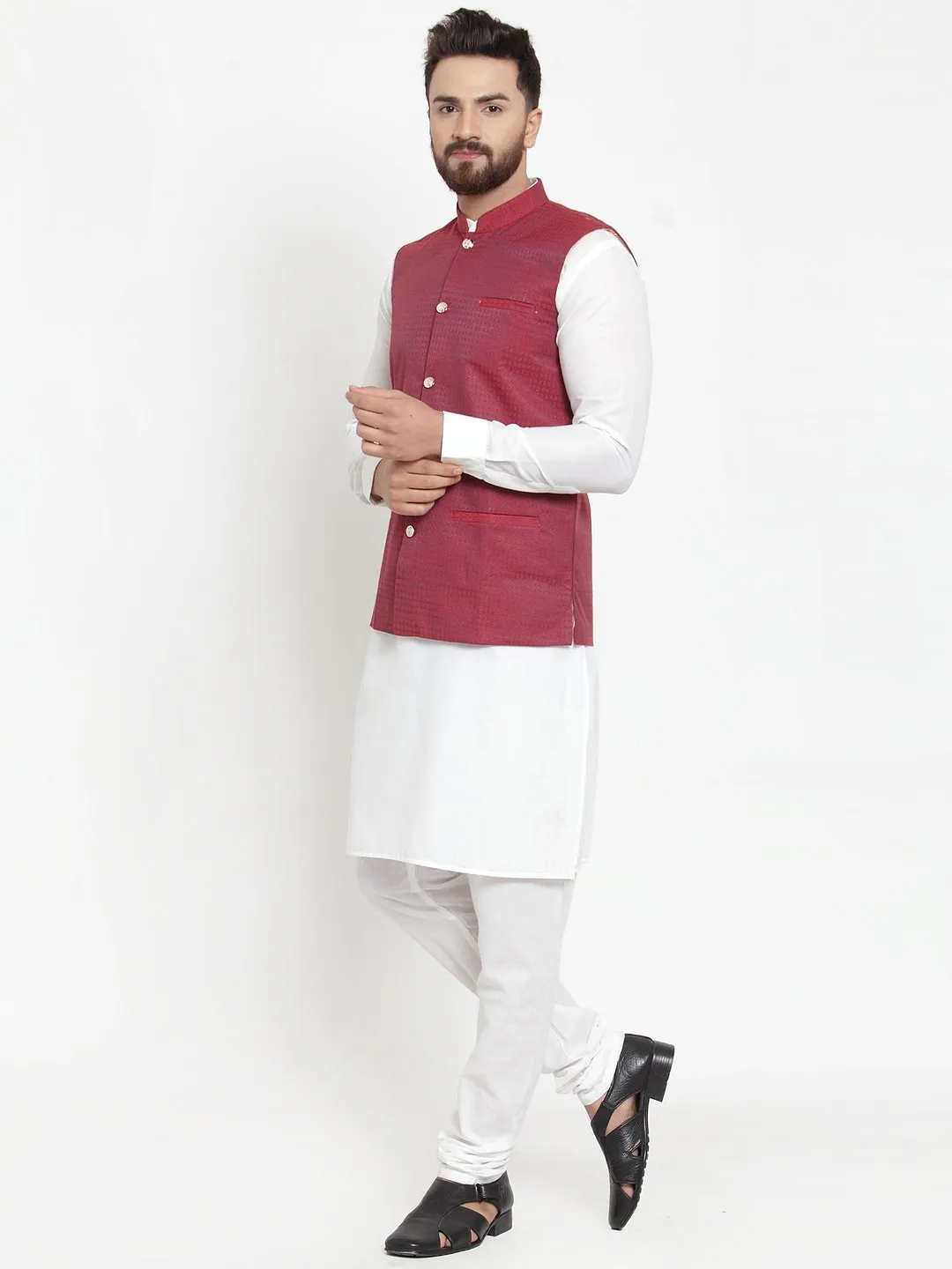 Men's White Solid Kurta & Steel Waist Coat  with Churidar - Virat Fashions