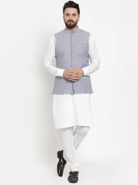 Men's White Solid Kurta & Steel Waist Coat  with Churidar - Virat Fashions