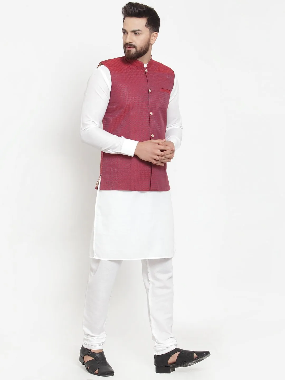 Men's White Solid Kurta & Steel Waist Coat  with Churidar - Virat Fashions