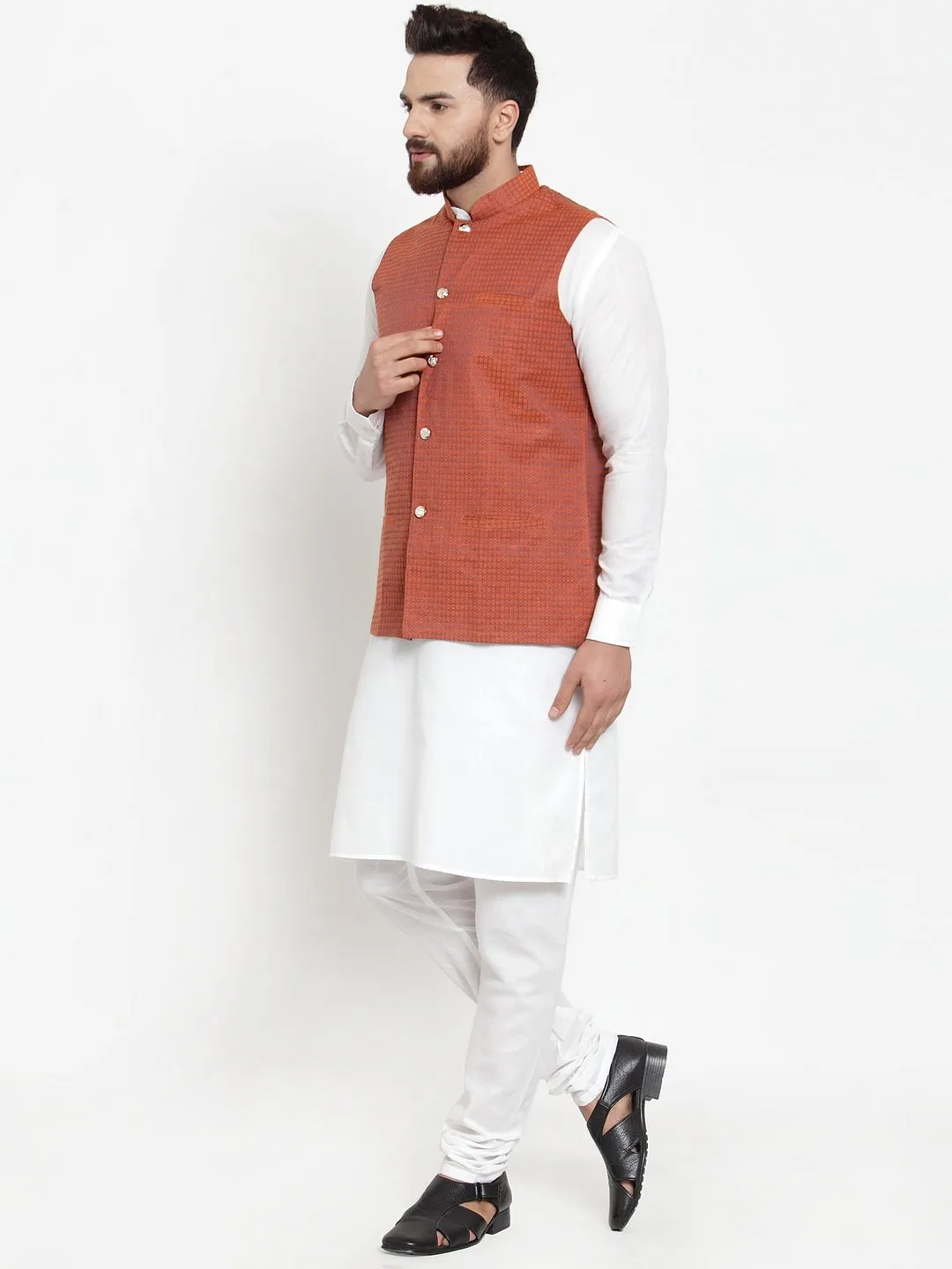 Men's White Solid Kurta & Steel Waist Coat  with Churidar - Virat Fashions