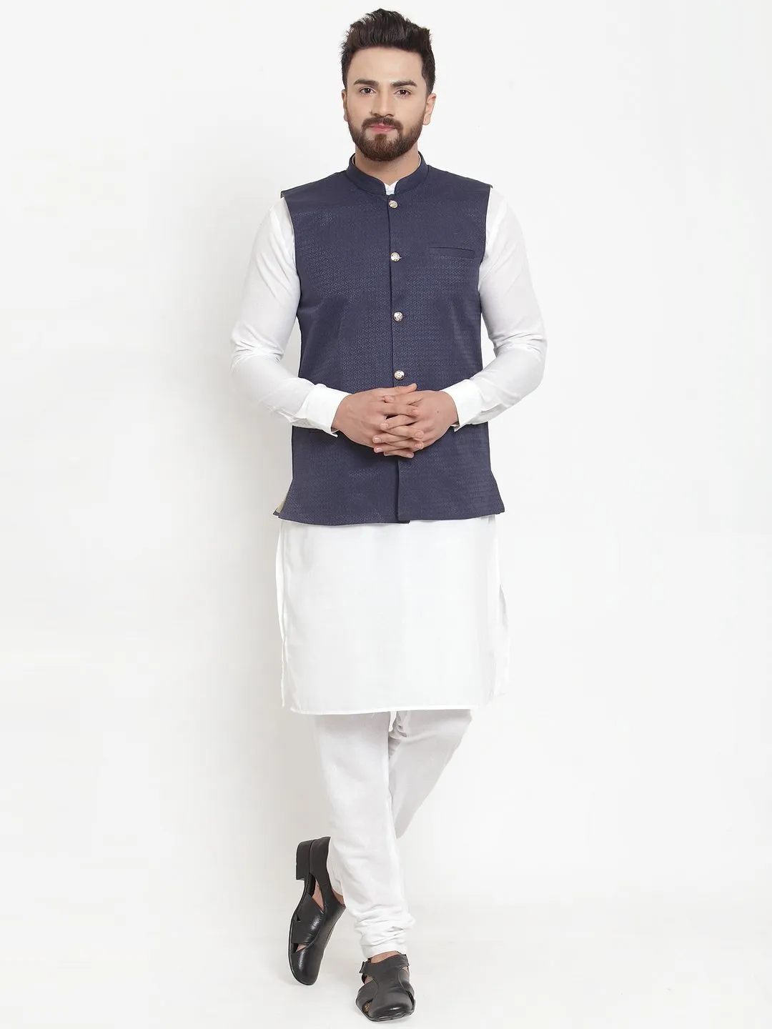 Men's White Solid Kurta & Steel Waist Coat  with Churidar - Virat Fashions