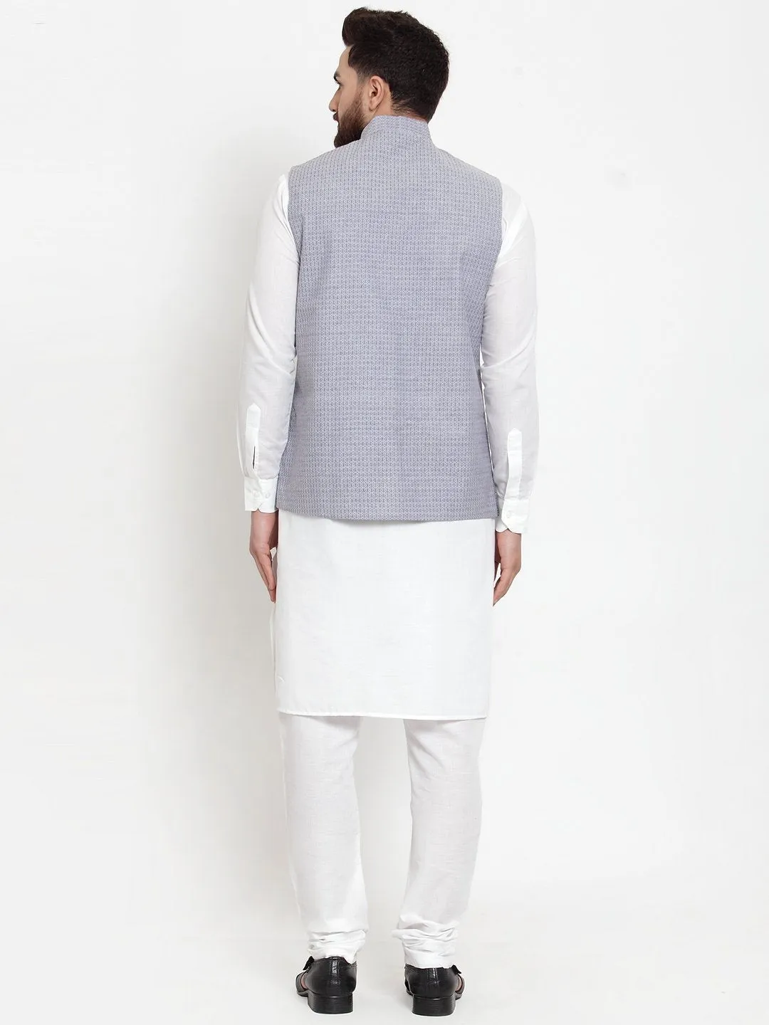 Men's White Solid Kurta & Steel Waist Coat  with Churidar - Virat Fashions