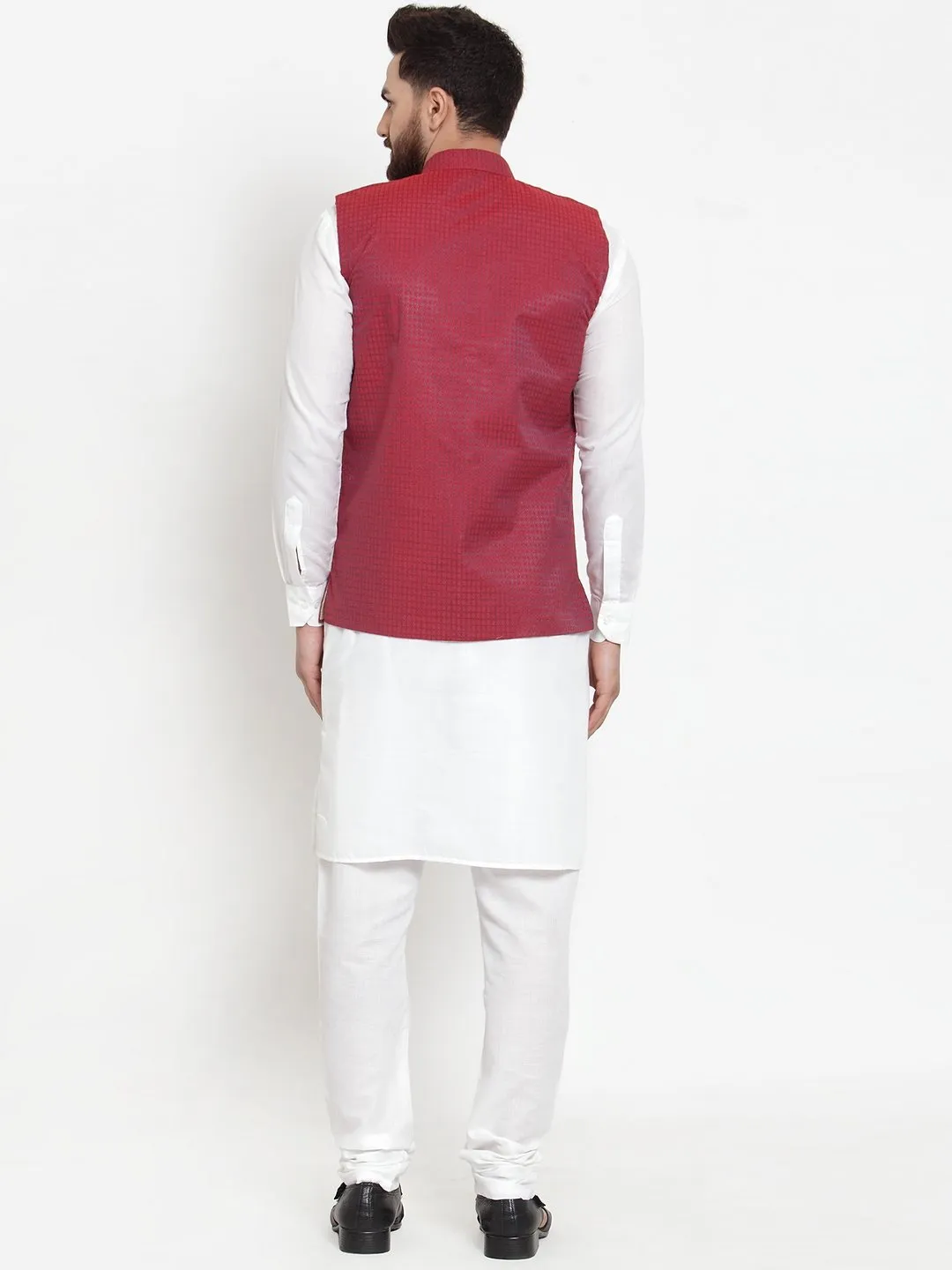 Men's White Solid Kurta & Steel Waist Coat  with Churidar - Virat Fashions