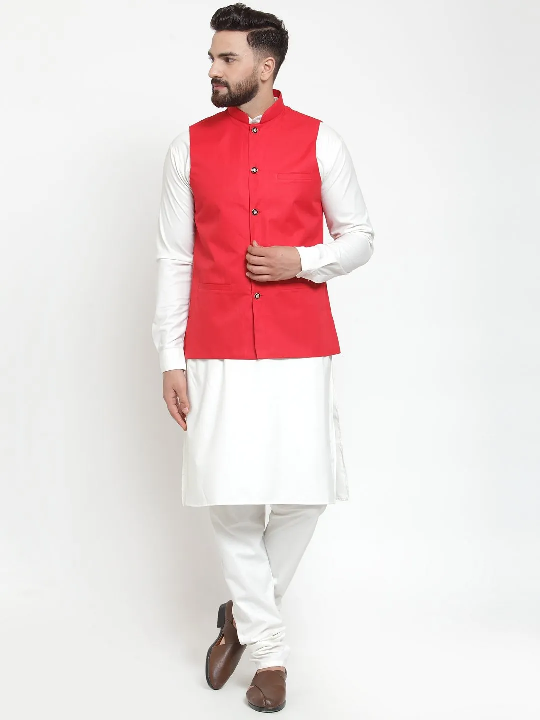 Men's White Solid Kurta & Waist Coat  with Churidar - Virat Fashions