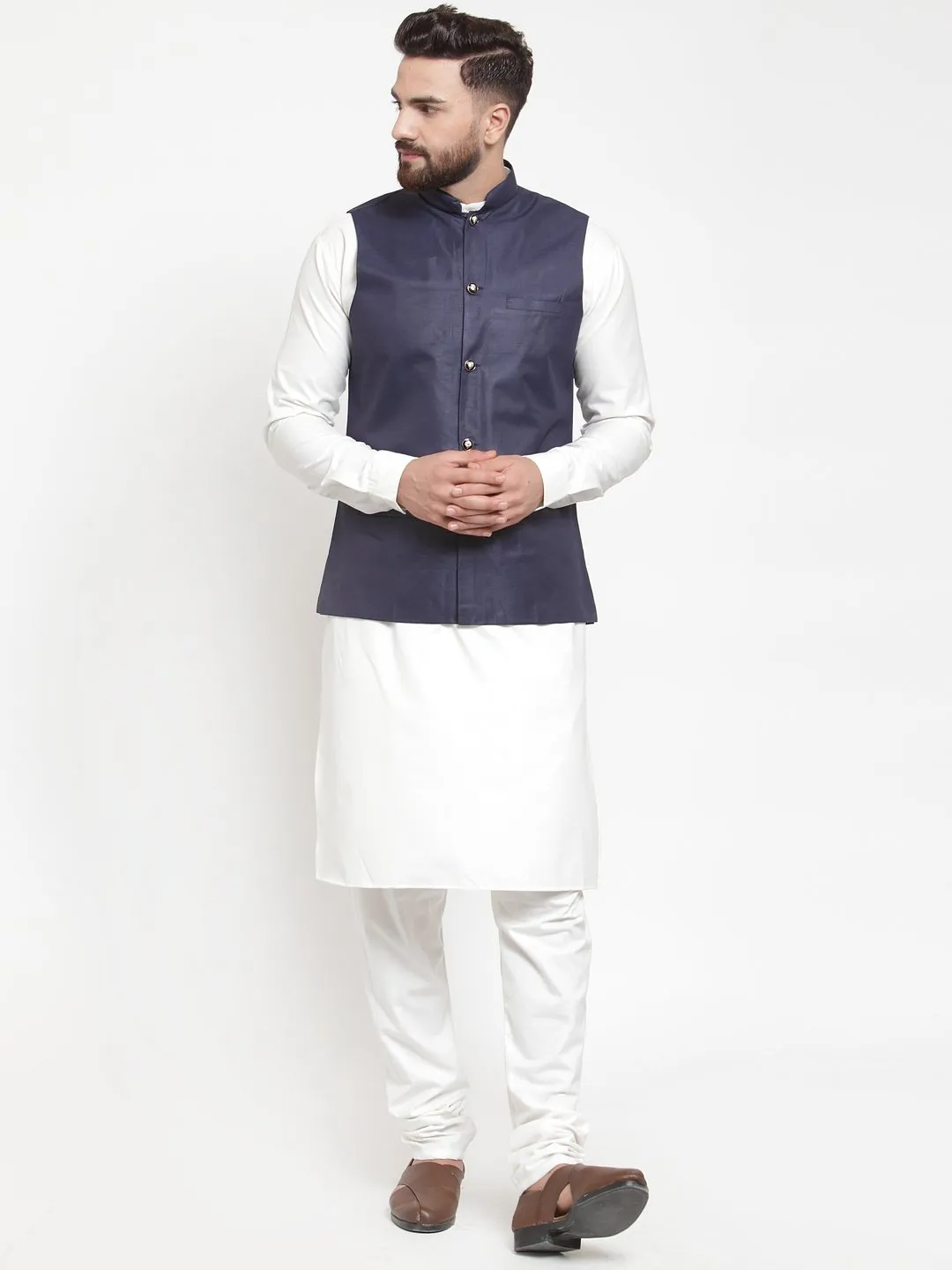 Men's White Solid Kurta & Waist Coat  with Churidar - Virat Fashions