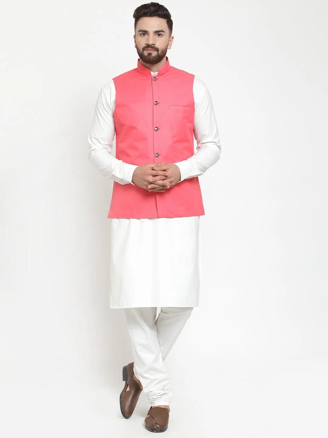 Men's White Solid Kurta & Waist Coat  with Churidar - Virat Fashions