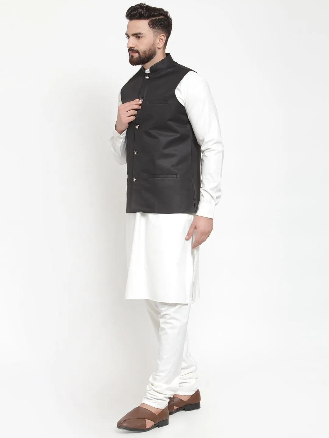 Men's White Solid Kurta & Waist Coat  with Churidar - Virat Fashions