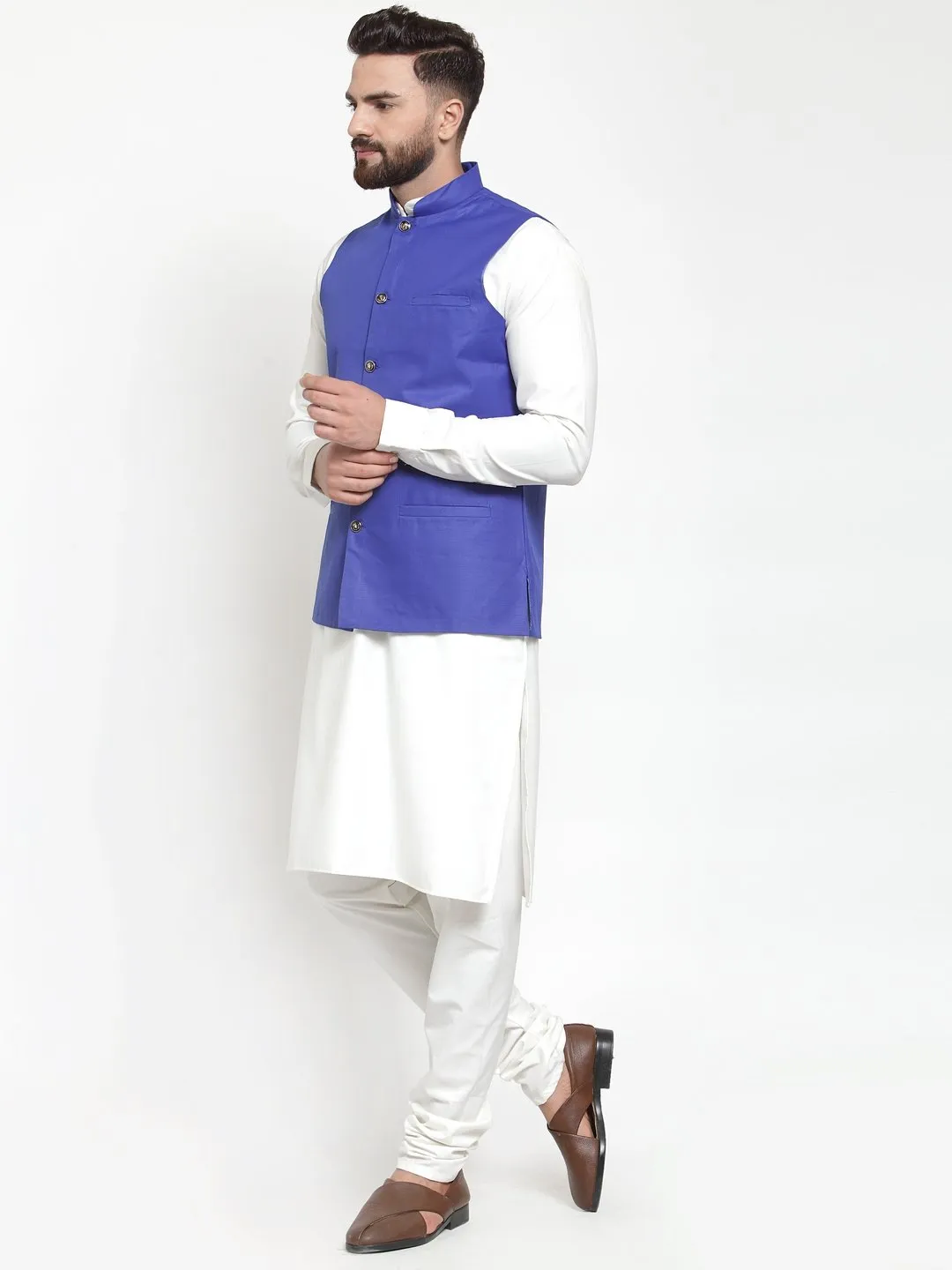 Men's White Solid Kurta & Waist Coat  with Churidar - Virat Fashions