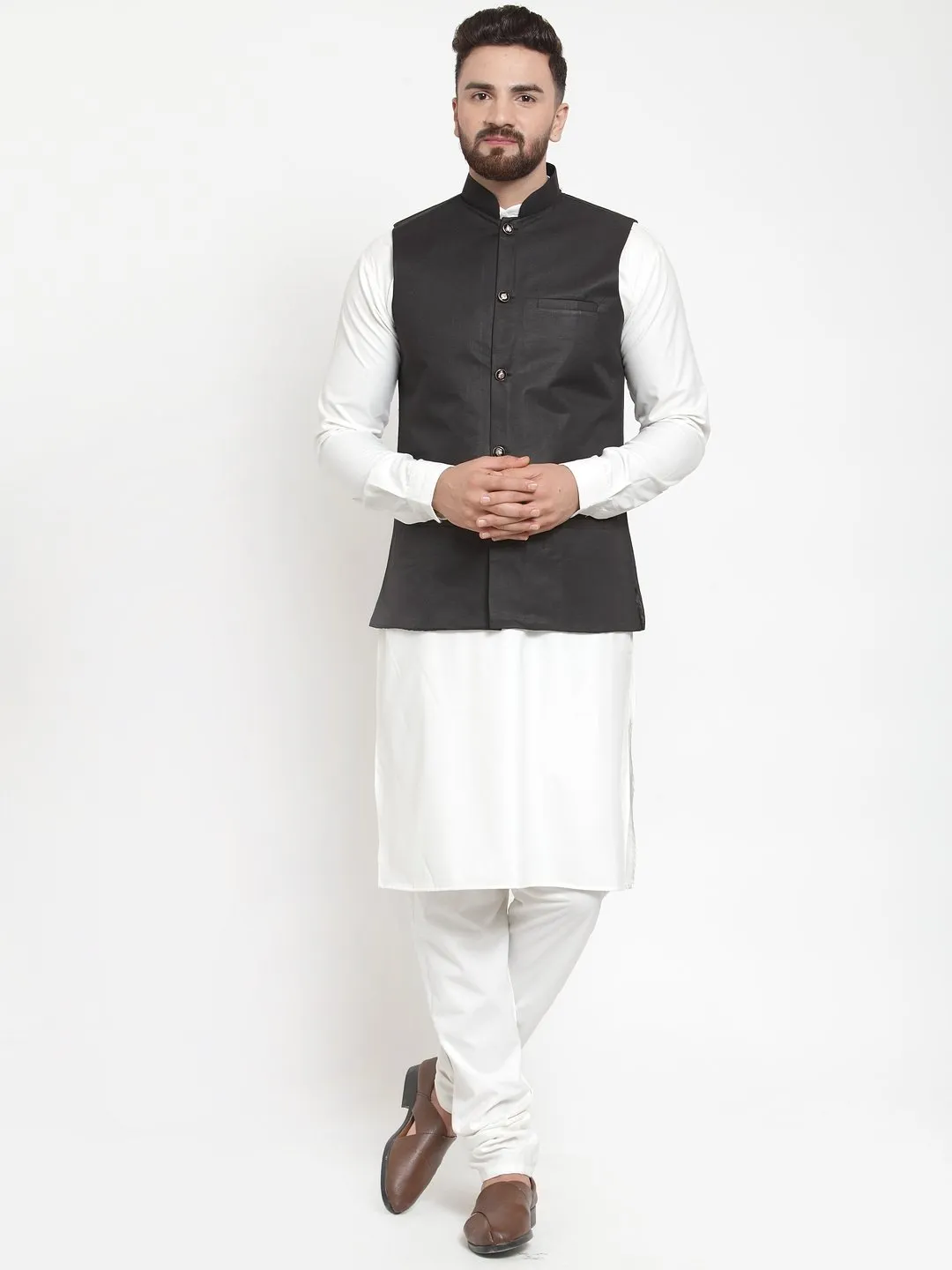 Men's White Solid Kurta & Waist Coat  with Churidar - Virat Fashions