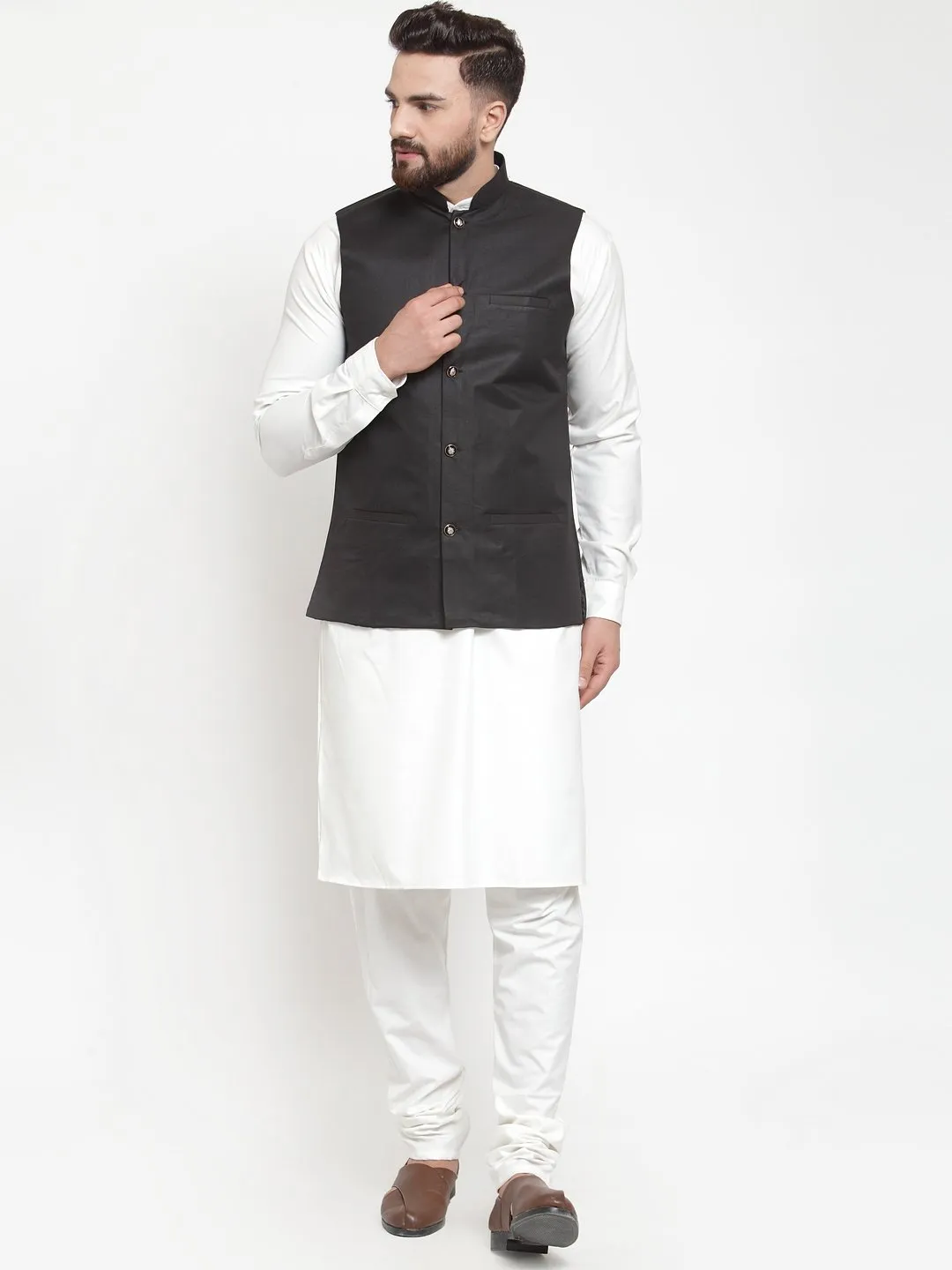 Men's White Solid Kurta & Waist Coat  with Churidar - Virat Fashions