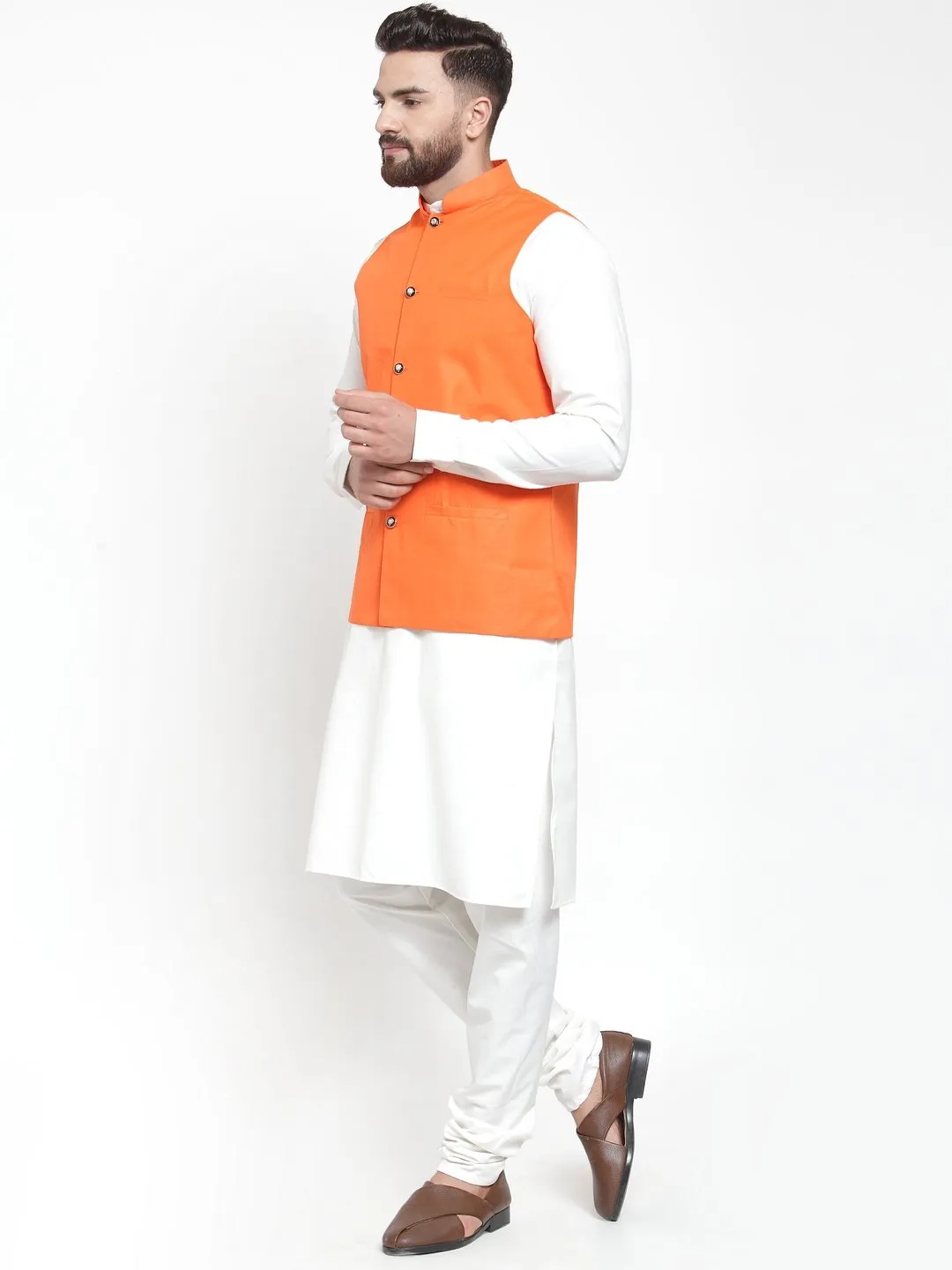 Men's White Solid Kurta & Waist Coat  with Churidar - Virat Fashions