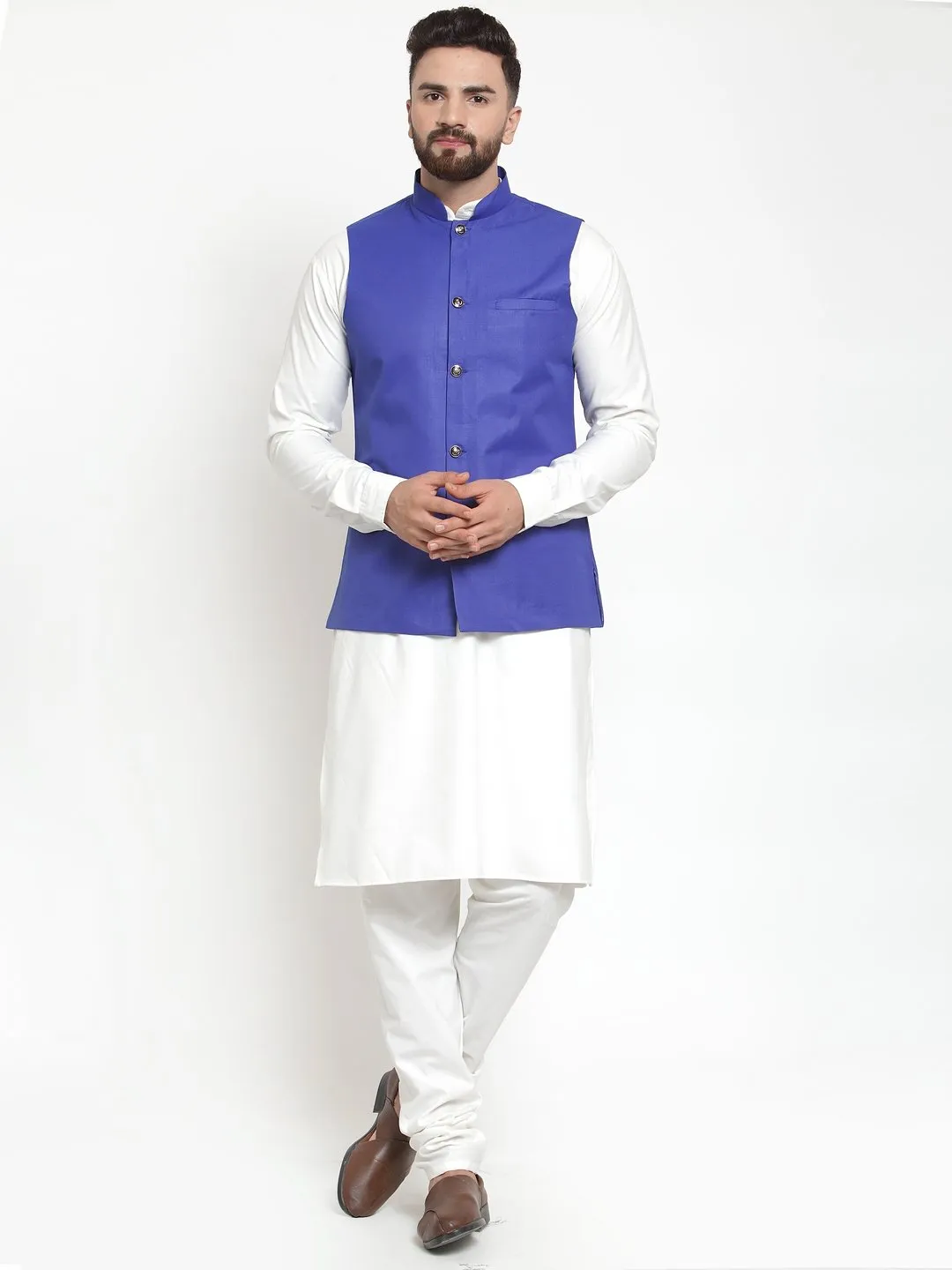 Men's White Solid Kurta & Waist Coat  with Churidar - Virat Fashions