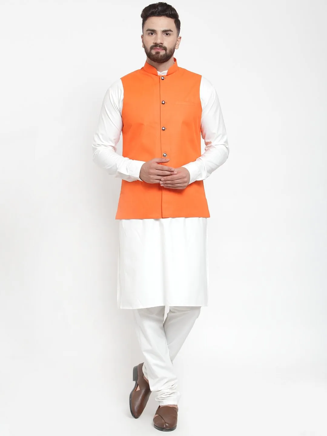 Men's White Solid Kurta & Waist Coat  with Churidar - Virat Fashions