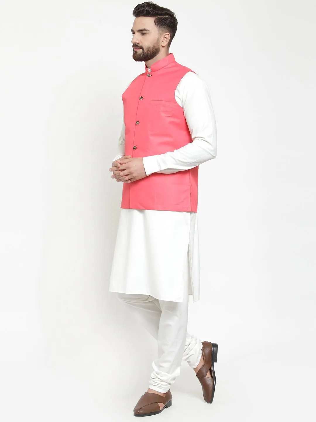 Men's White Solid Kurta & Waist Coat  with Churidar - Virat Fashions