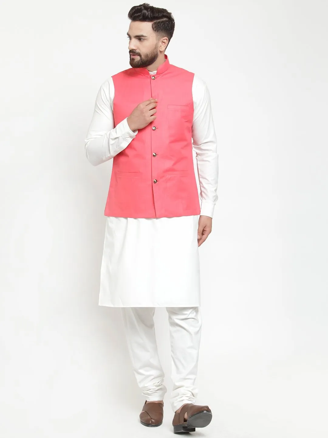 Men's White Solid Kurta & Waist Coat  with Churidar - Virat Fashions