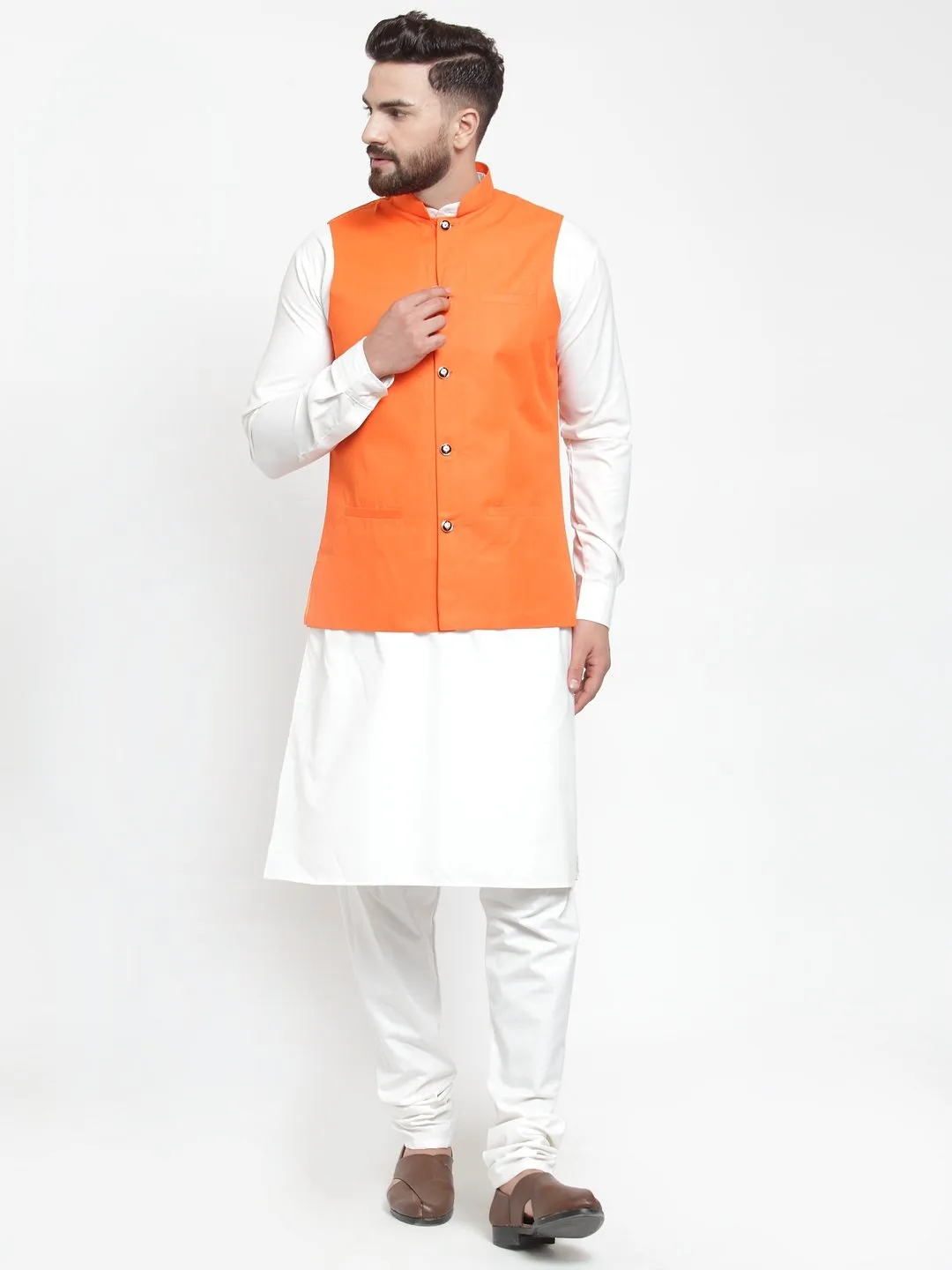 Men's White Solid Kurta & Waist Coat  with Churidar - Virat Fashions