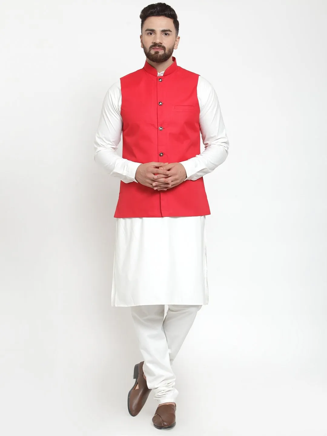 Men's White Solid Kurta & Waist Coat  with Churidar - Virat Fashions