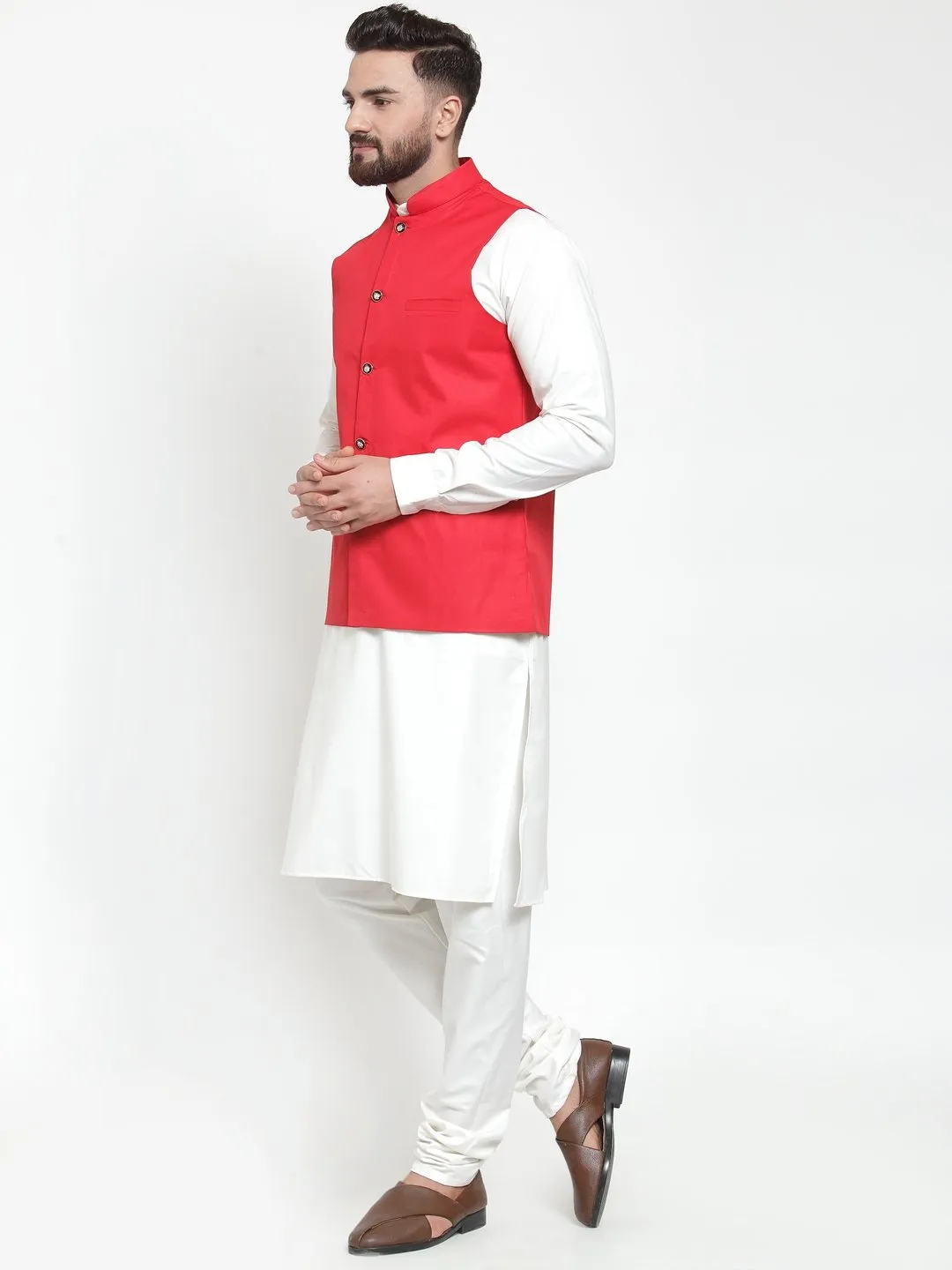 Men's White Solid Kurta & Waist Coat  with Churidar - Virat Fashions