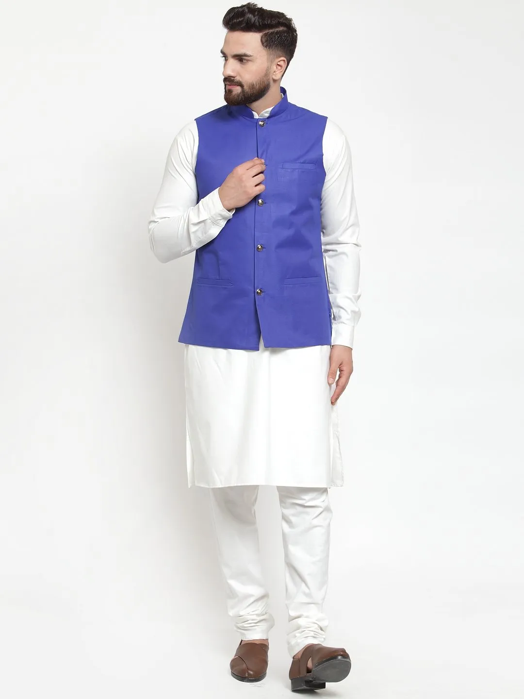 Men's White Solid Kurta & Waist Coat  with Churidar - Virat Fashions