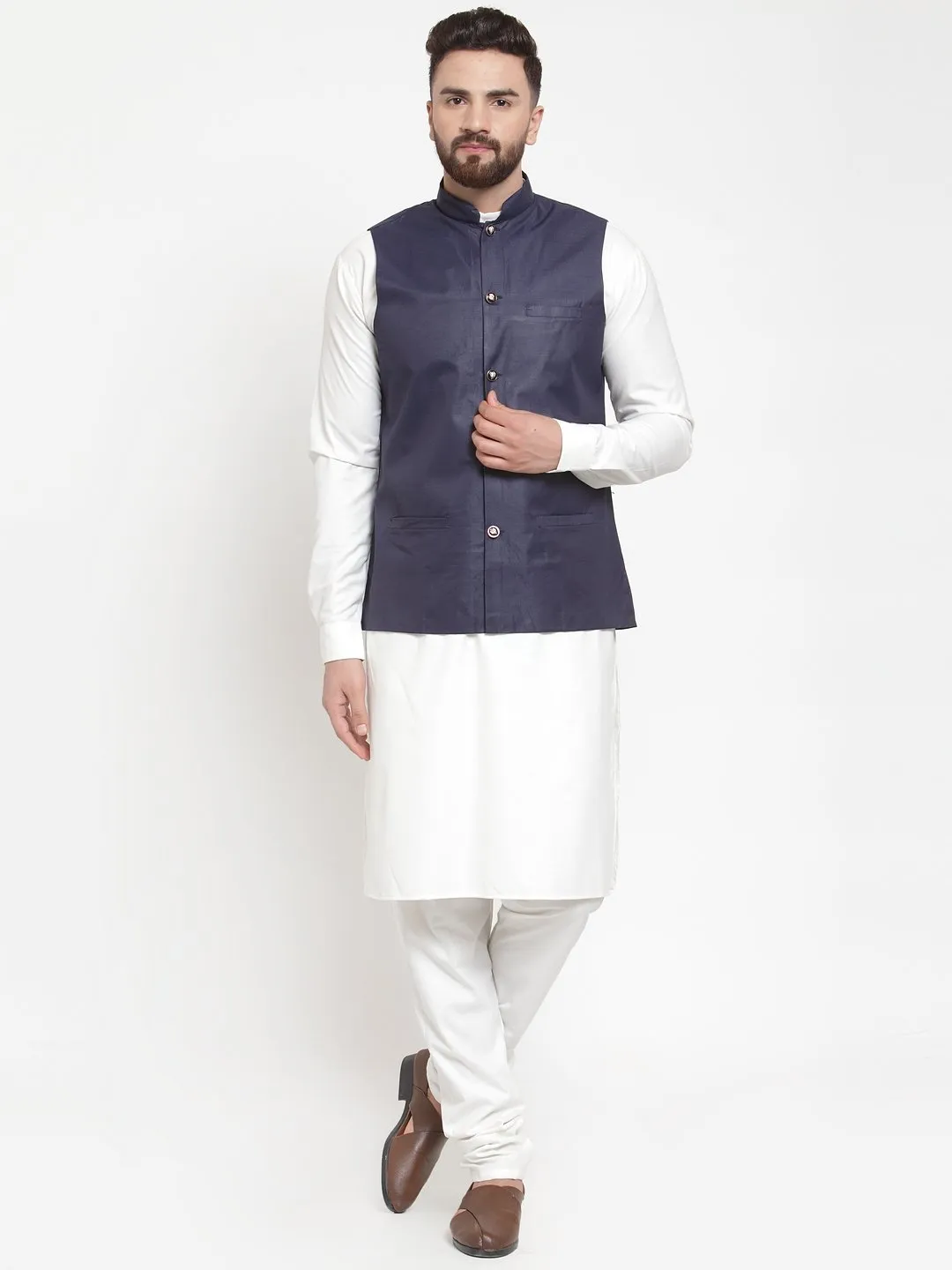 Men's White Solid Kurta & Waist Coat  with Churidar - Virat Fashions