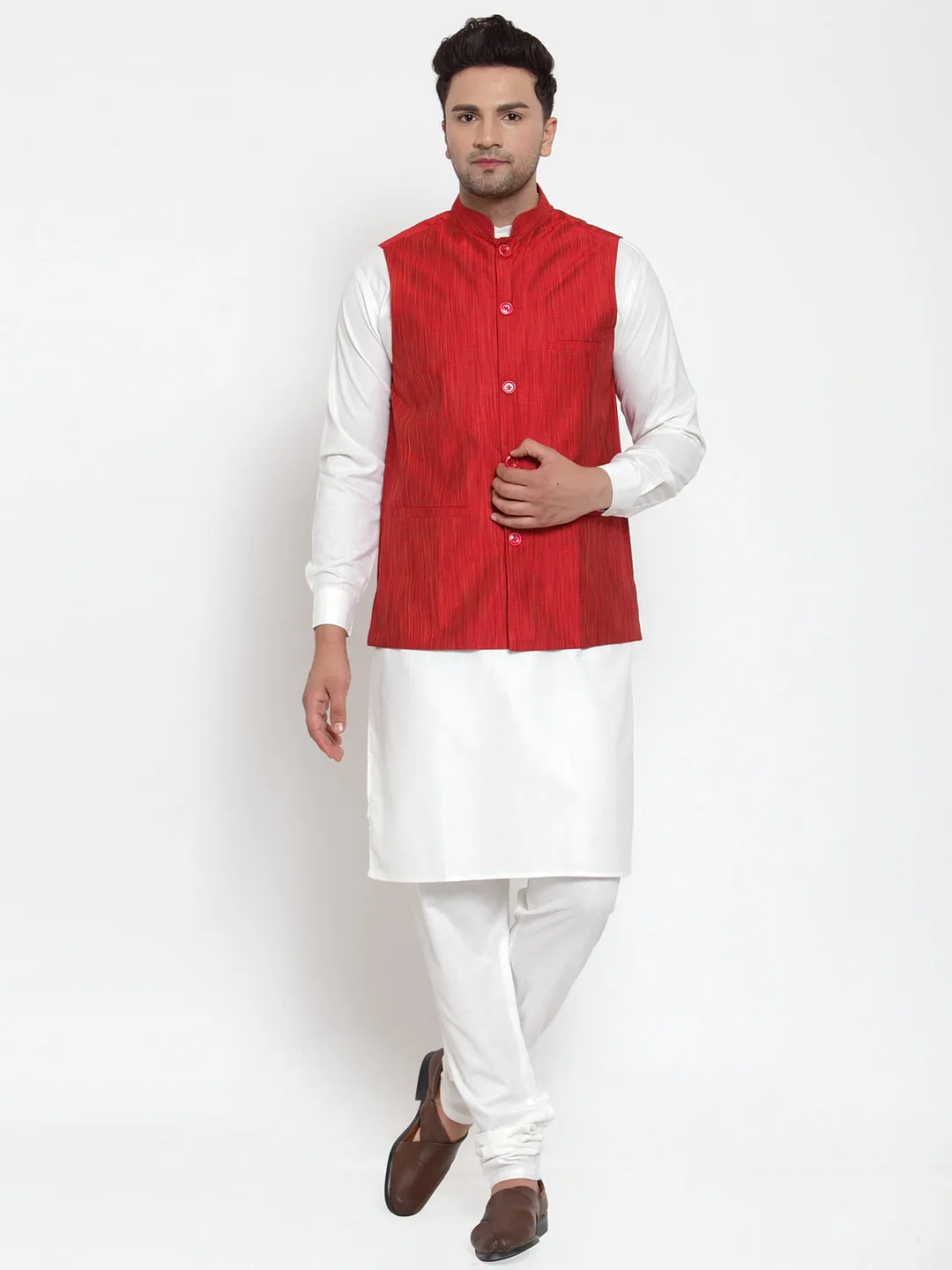 Men's White Solid Kurta with Pyjamas & Red Nehru Jacket ( JOKP WC 4064 Red-W ) - Virat Fashions