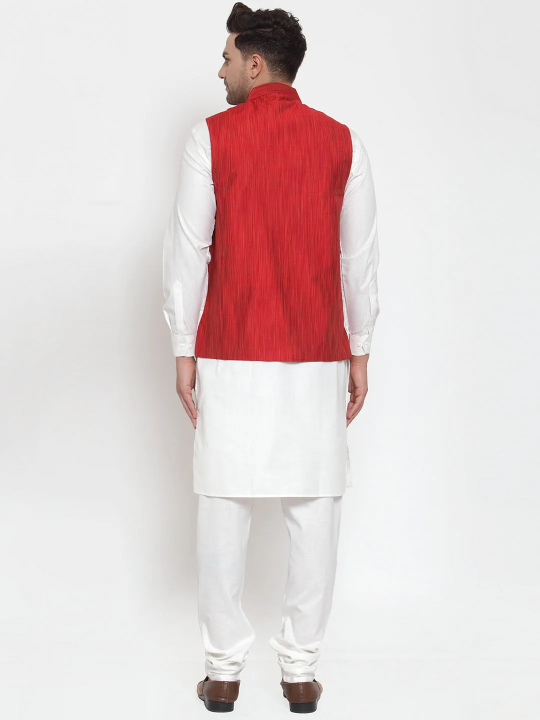 Men's White Solid Kurta with Pyjamas & Red Nehru Jacket ( JOKP WC 4064 Red-W ) - Virat Fashions