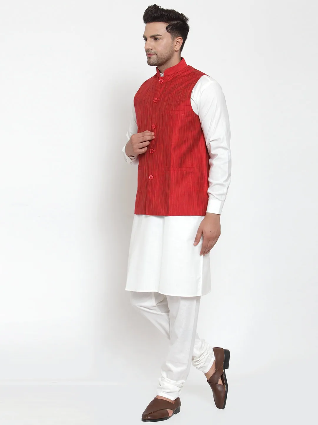 Men's White Solid Kurta with Pyjamas & Red Nehru Jacket ( JOKP WC 4064 Red-W ) - Virat Fashions