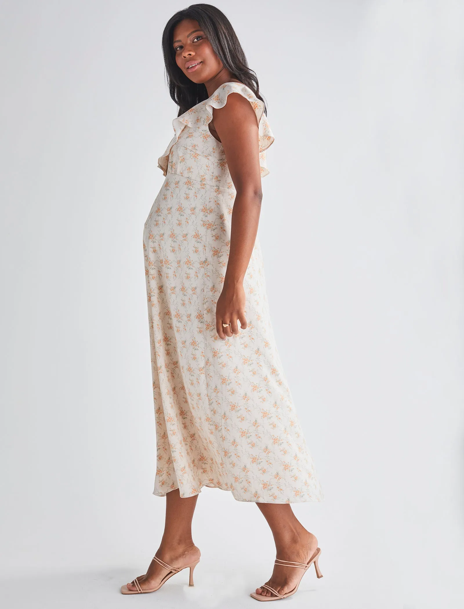 Mika Maternity Ruffle Dress in Cream Floral Silky